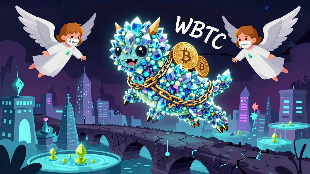 A WBTC hybrid creature flown by custodian angels over a DeFi city with a crumbling bridge below.