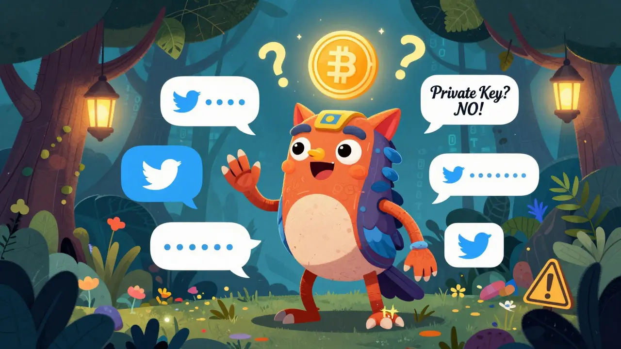 A whimsical task-performing creature made of crypto icons with a glowing token above it.