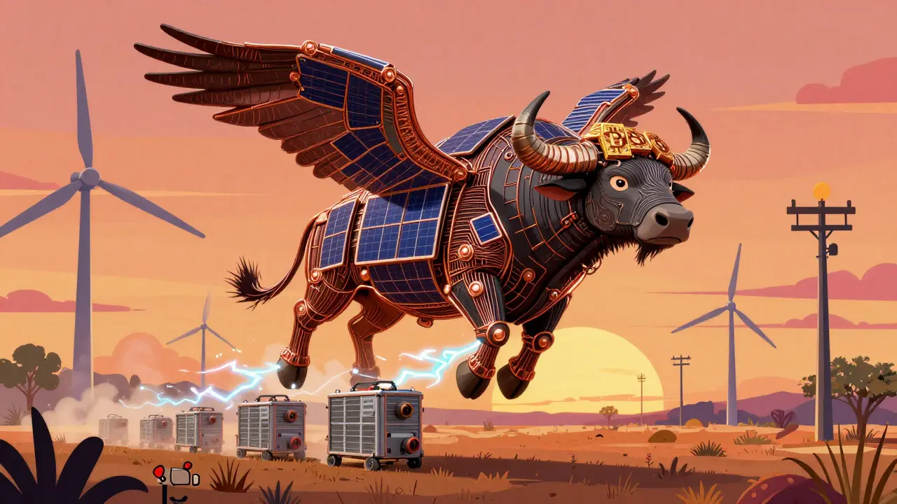 A winged buffalo made of solar panels and wires soaring over Texas, carrying mining rigs with Bitcoin horns and clean energy trails.