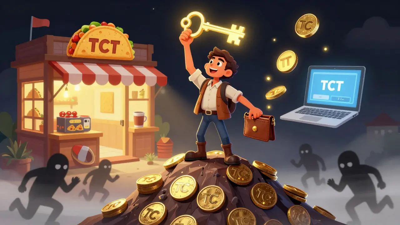 A winner stands on a mountain of TCT tokens as a retail store opens, accepting crypto payments under glowing reflections.