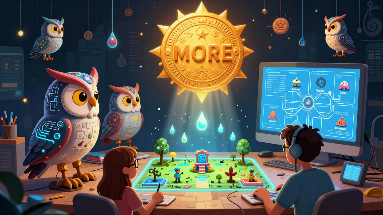 AI owls generating games from ink droplets under a glowing MORE token, surrounded by digital folk art.