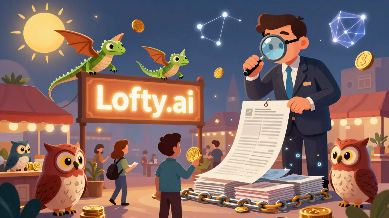 Alebrije traders exchanging property tokens in a digital marketplace under a glowing Lofty.ai sign.