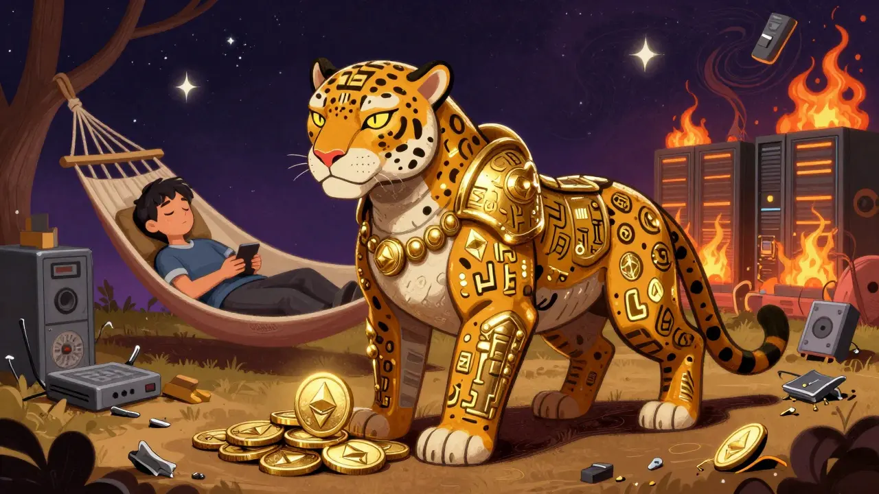 An armored HSM jaguar protecting staked ETH while broken nodes burn in the background, rendered in colorful alebrije art.