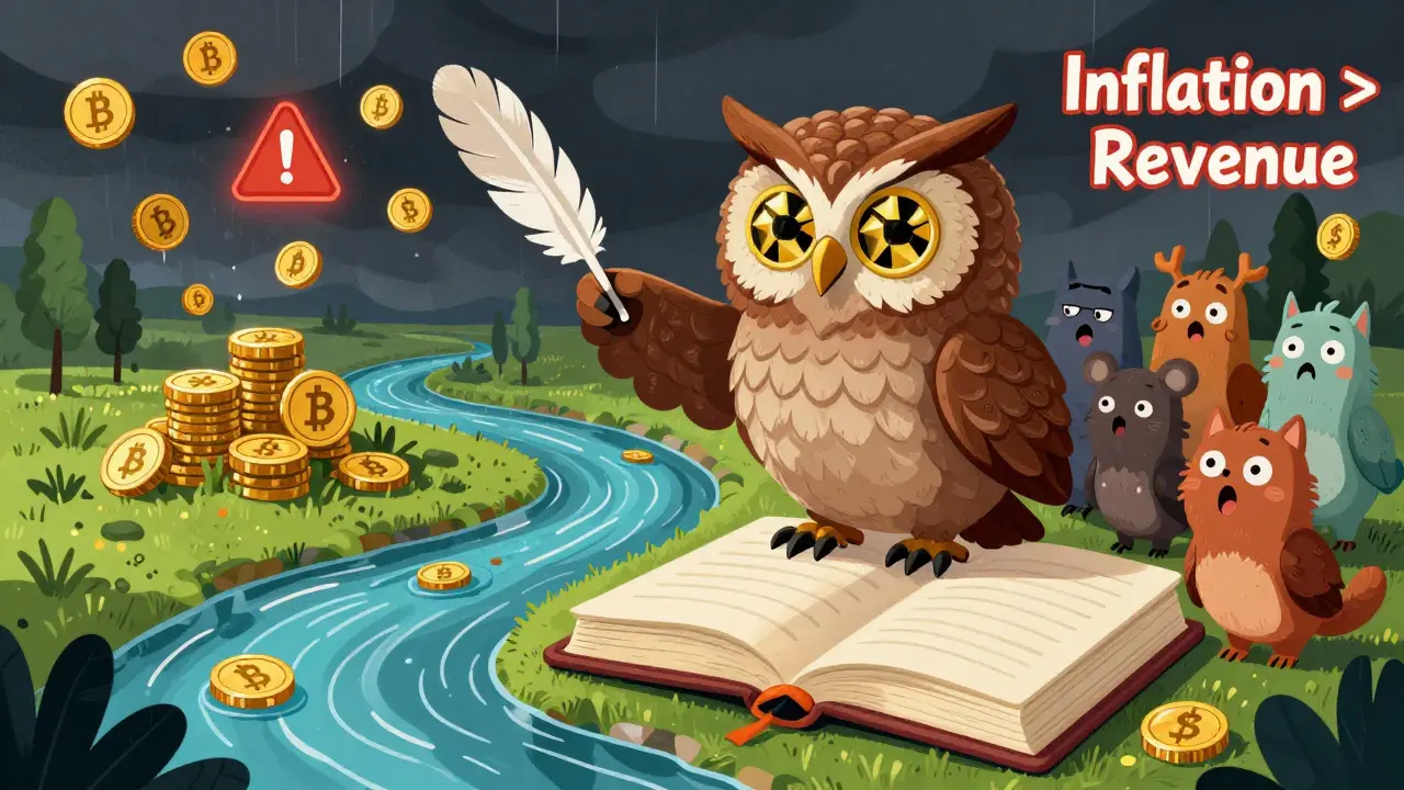 An owl spirit with blockchain eyes guides crypto animals away from a storm of token inflation toward sustainable yield.