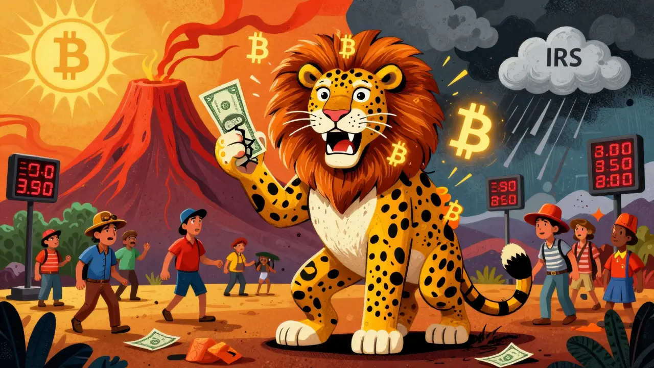 Chaotic Bitcoin-jaguar in El Salvador amid price chaos and IRS storm clouds.
