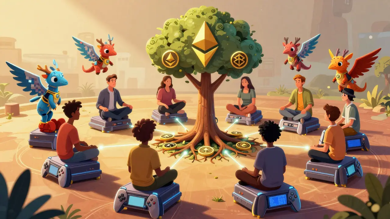Diverse players connected by glowing tokens in a floating lounge with alebrije avatars and blockchain roots.