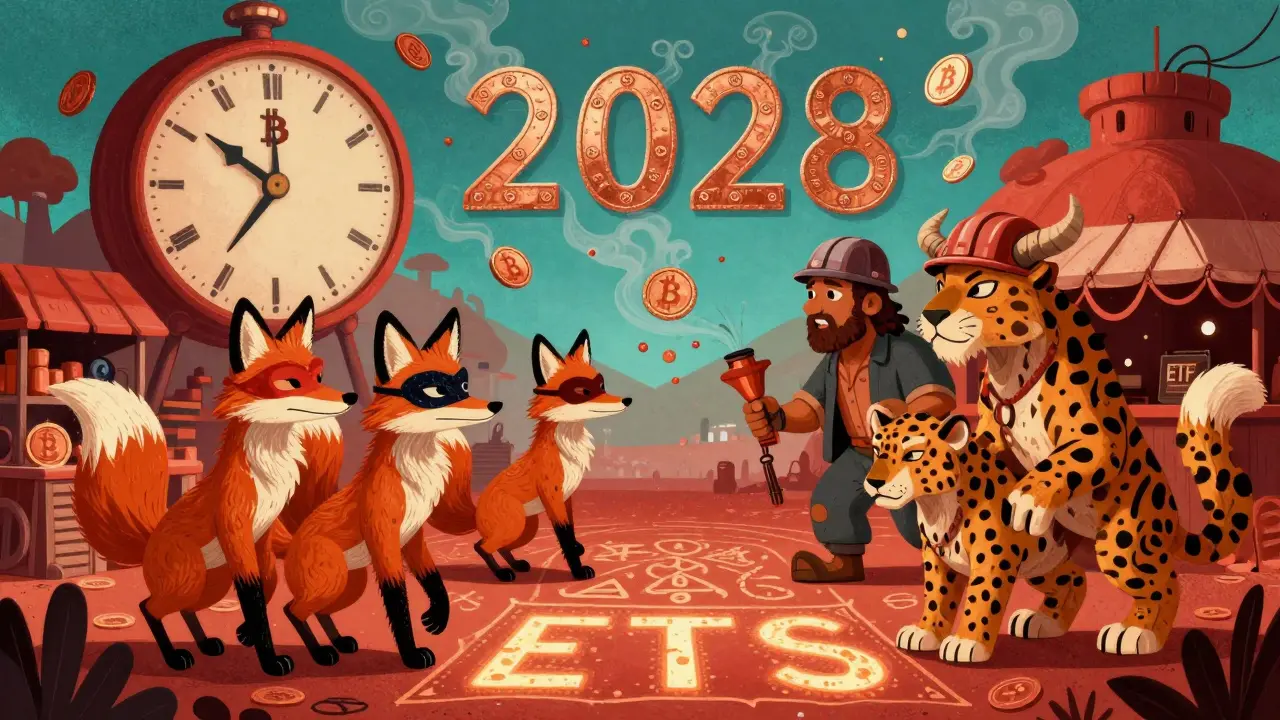 Institutional investors and miners trading in a surreal market under a Bitcoin-symbol clock counting down to 2028 in Alebrije style.