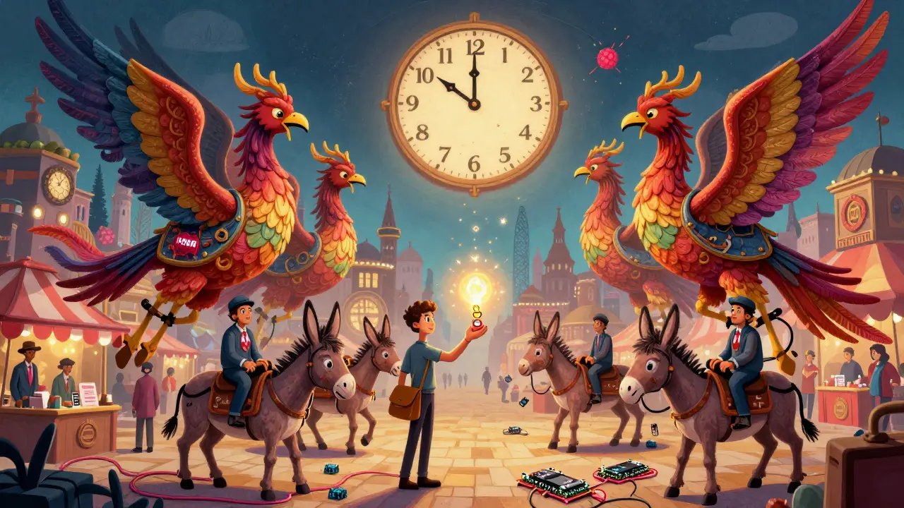 Institutional phoenixes help retail stakers on fragile donkeys in a marketplace scene, with slashing penalties fading.