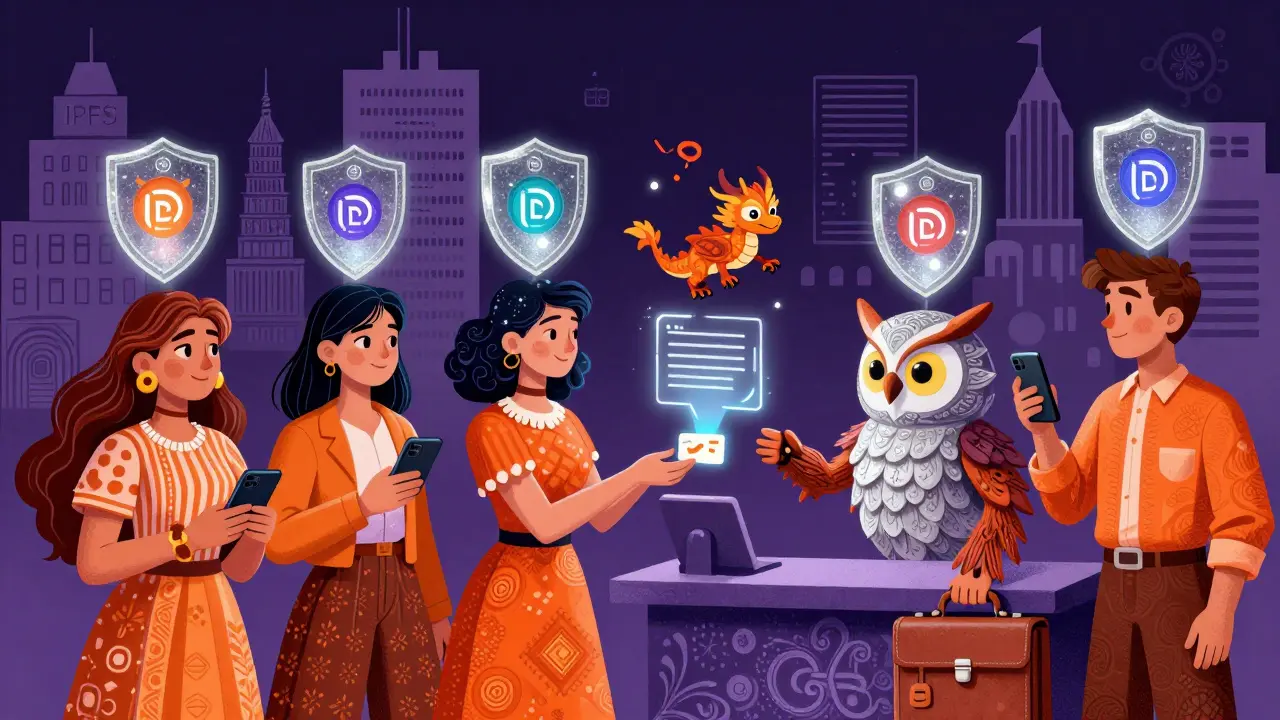 People with holographic identity shields handing credentials to a hybrid bank teller creature in a block-shaped city.