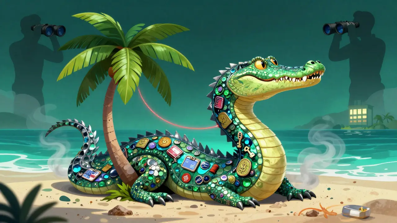 Serpentine Alebrije wrapped around a Cayman palm tree, shadowy figures watching from afar.