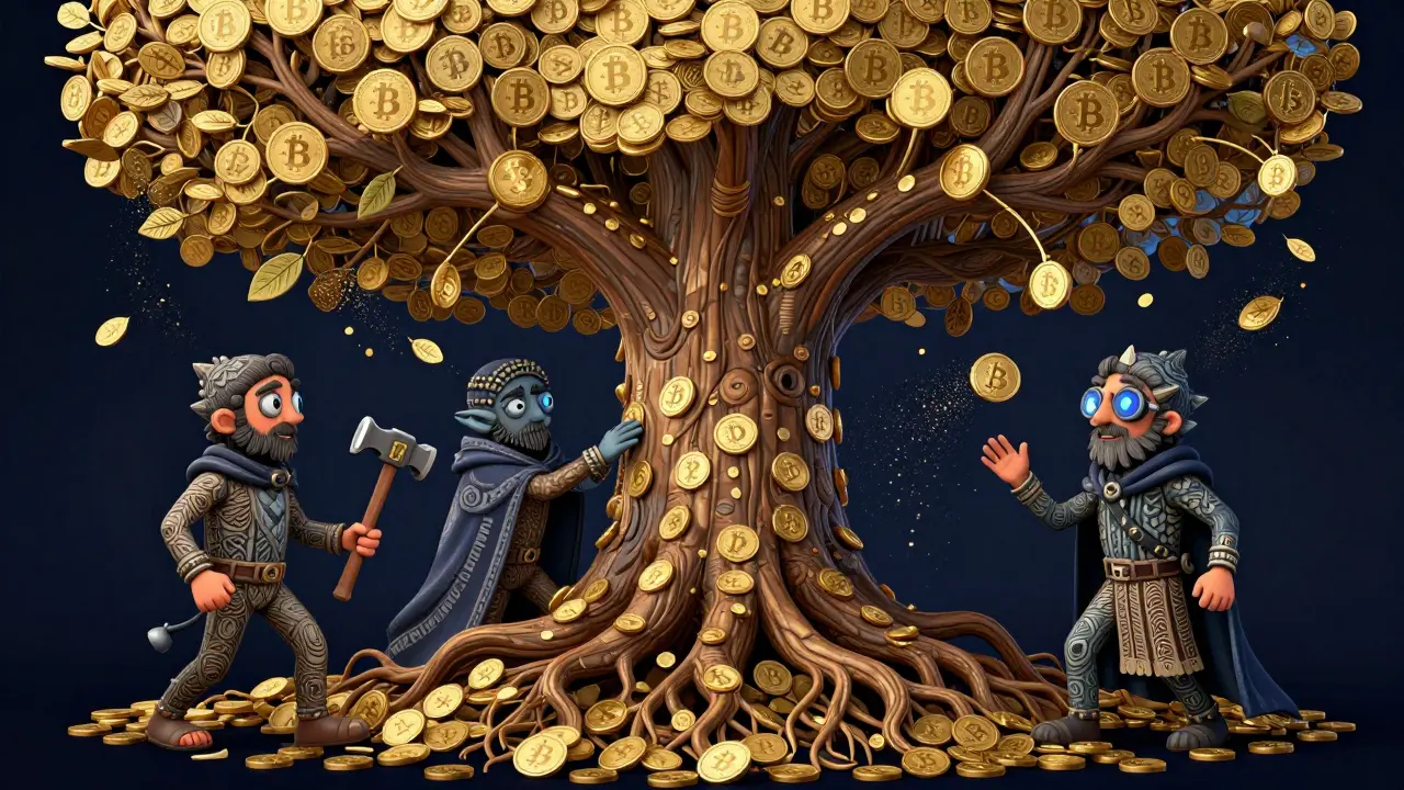 Three miner spirits around a tree of 21 million coins, with halving branches and floating BTC amounts in vibrant folk art style.