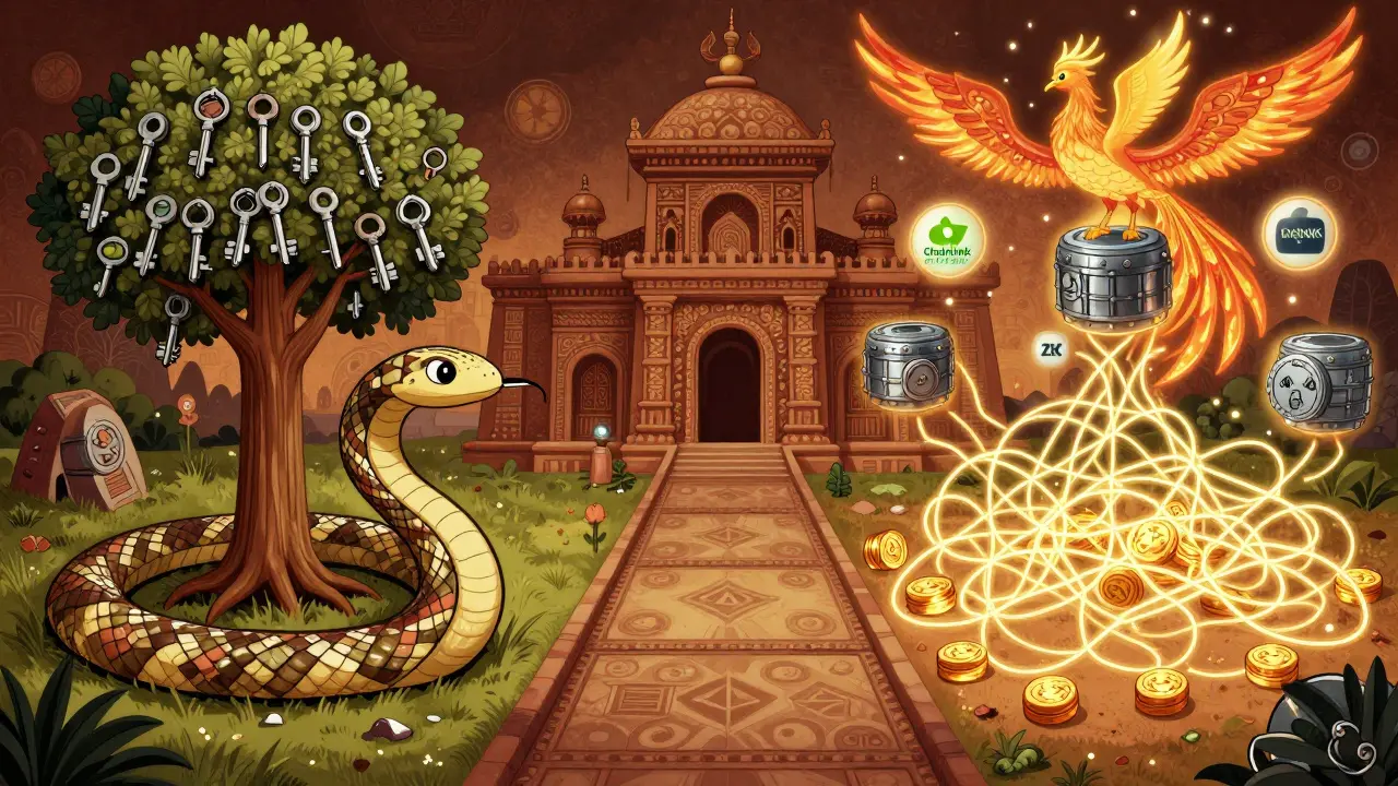 Two paths diverging: pure Bitcoin serpent vs. tangled wrapped tokens, with rising phoenixes of new tech.