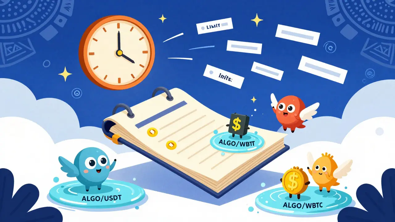 Whimsical creatures adding liquidity to glowing token pools, with limit orders flying like stars and a 0.8-second clock above.