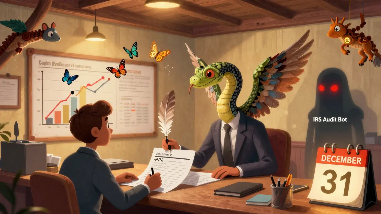 A CPA with a serpent body helps a client fill out tax forms, while crypto butterflies fly above and an IRS bot watches in the shadows.
