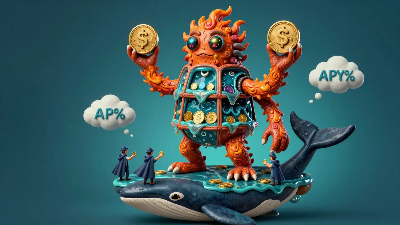 A creature composed of liquidity pools with token pairs, surrounded by slippage meters and APY clouds.