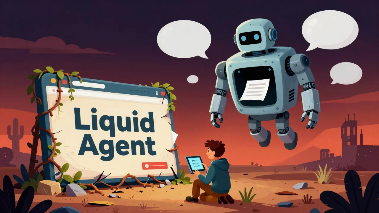 A crumbling website sign in a barren digital land with a confused user and a hollow AI robot above.