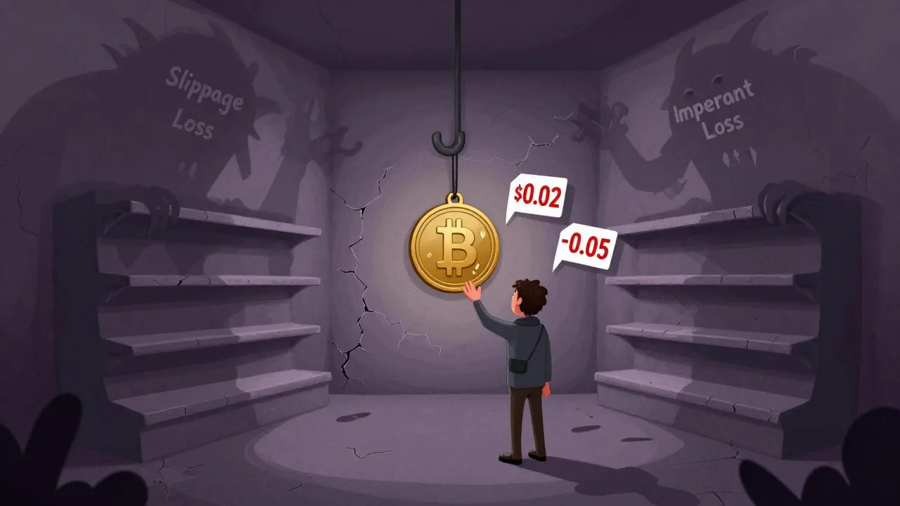 A dark, lonely store with a flickering crypto token and menacing slippage creatures, representing low liquidity dangers.