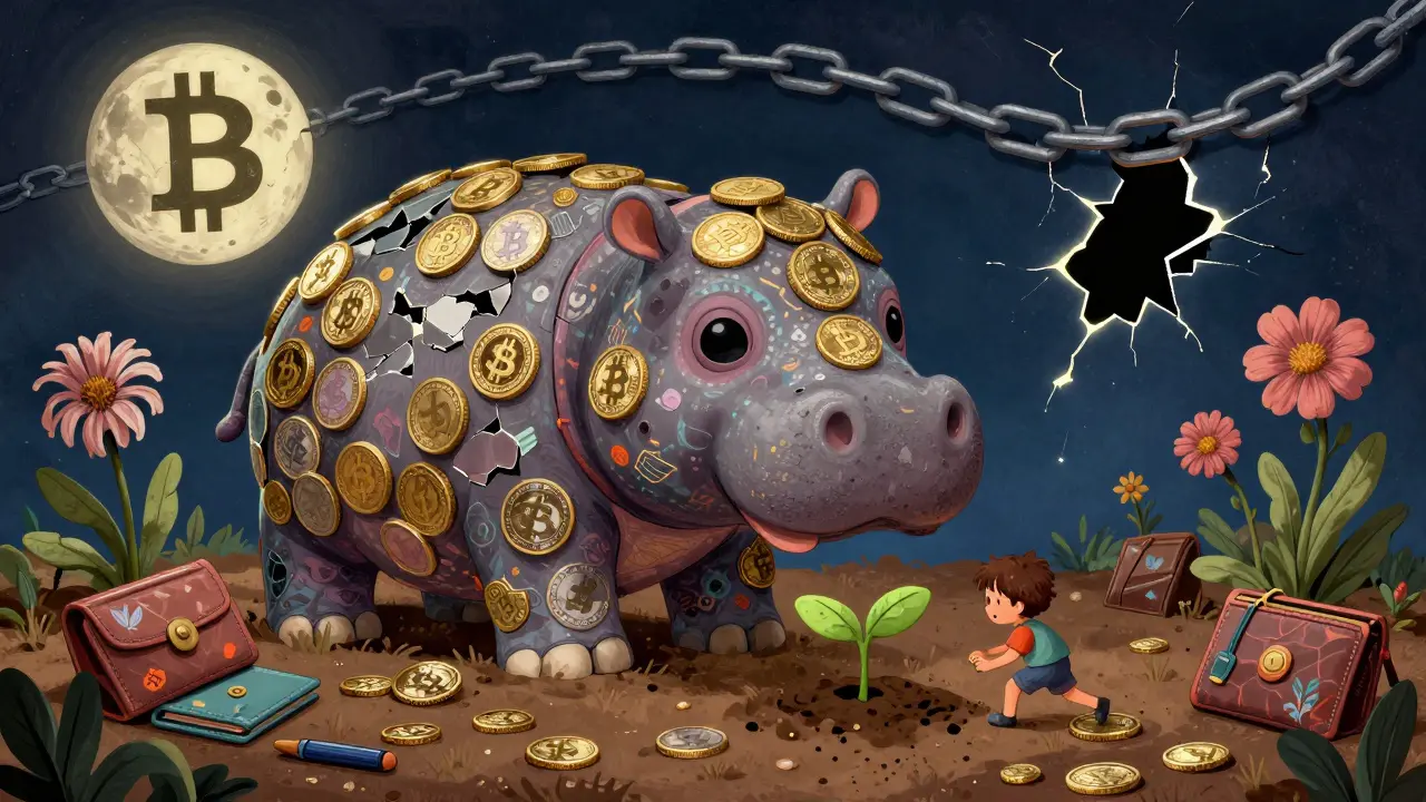 A decaying baby hippo statue made of crypto coins, with a child trying to plant a symbol of utility.