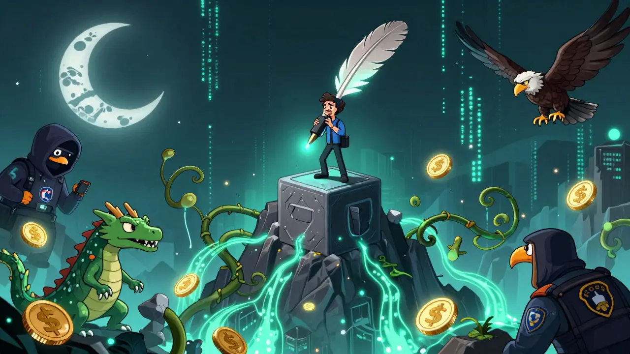 A developer on a blockchain mountain surrounded by hacker creatures and law enforcement eagles, with pulsing smart contracts below.