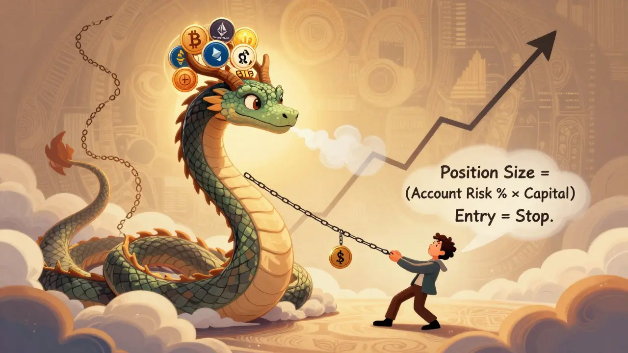 A dragon-snake with a trailing stop tail, crowned with diversified crypto assets, calmly rising above reckless traders.