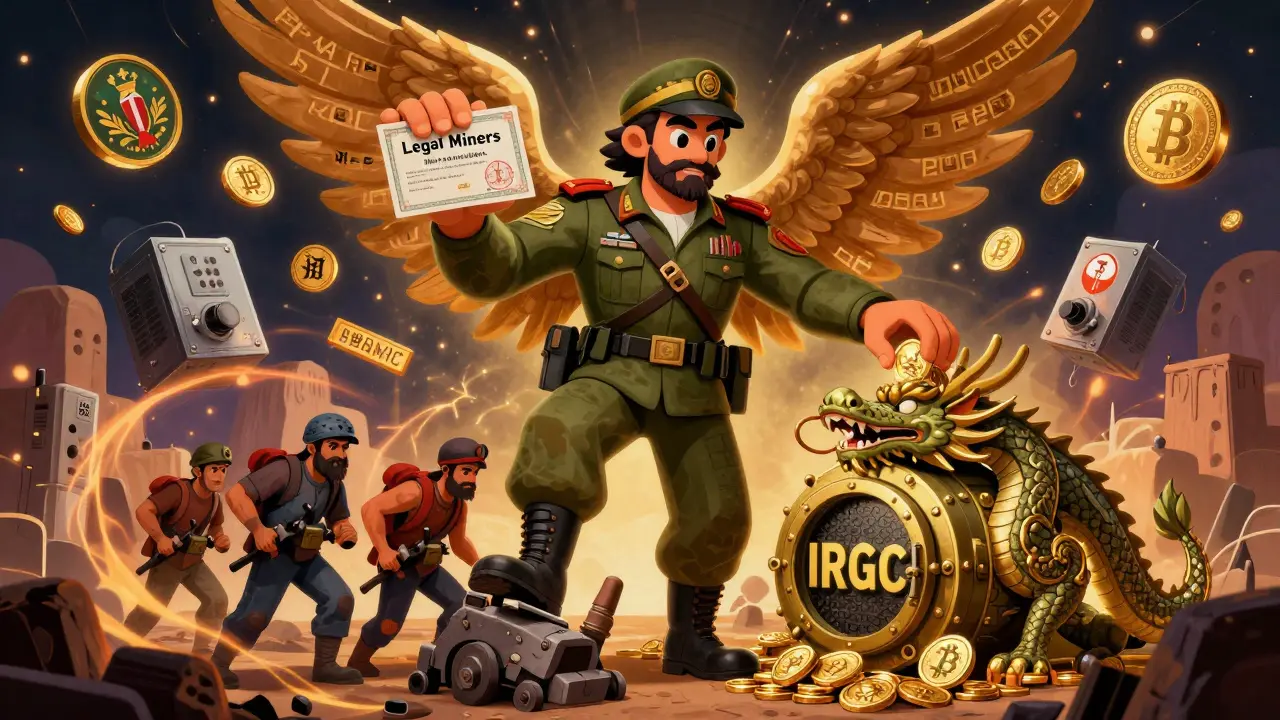 A dual-faced state figure crushes private miners while feeding Bitcoin to an IRGC dragon, in colorful Alebrije style.