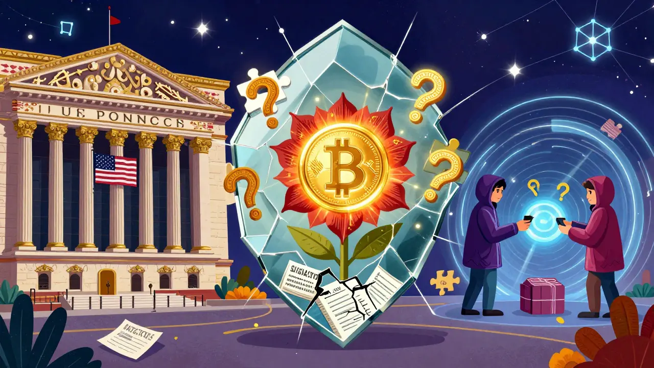 A fractured mirror showing U.S. exchanges, global users, and a blooming TORN token flower amid sanctions paperwork and question marks.