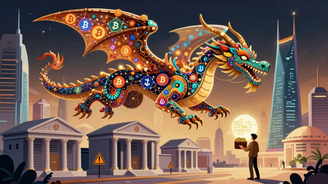 A glowing blockchain dragon flies over Riyadh, blending crypto symbols with the Saudi digital currency.