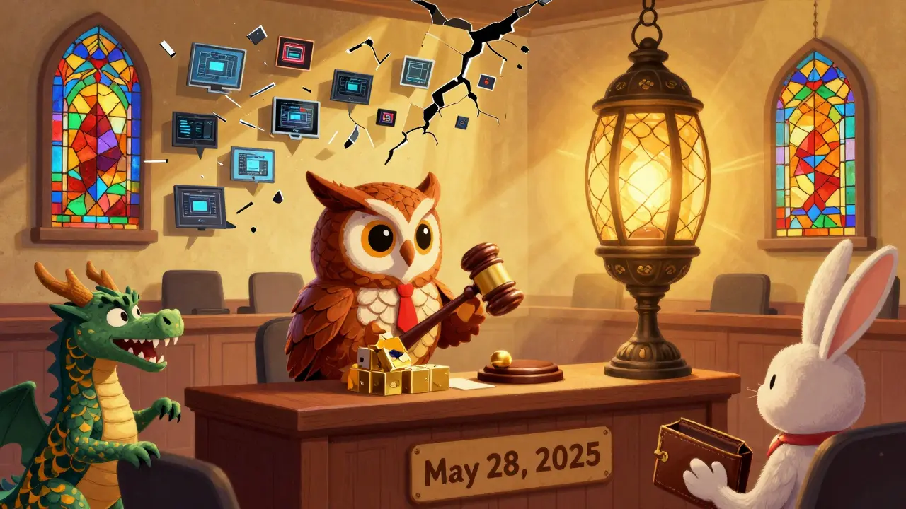 A lawyer-owl argues for crypto rights in court as shattered DeFi platforms float behind, under a glowing date: May 28, 2025.
