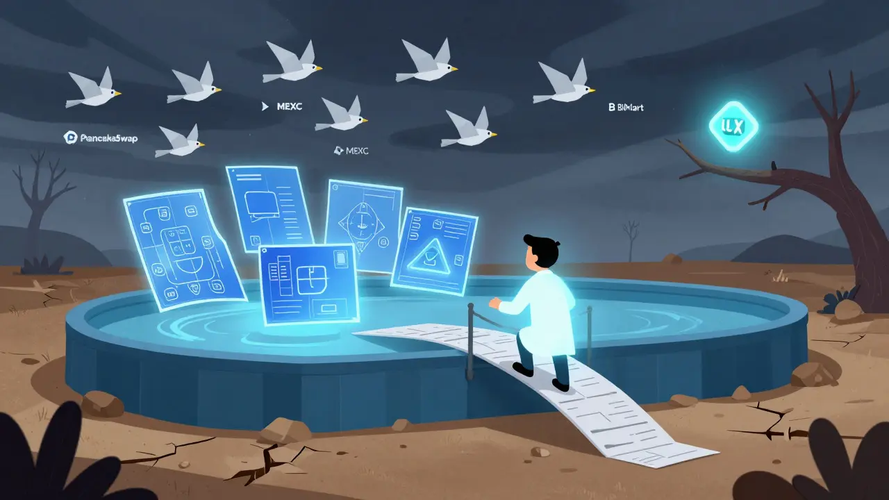 A lone developer struggling to connect a fragile bridge to an empty liquidity pool under flying DEX birds.