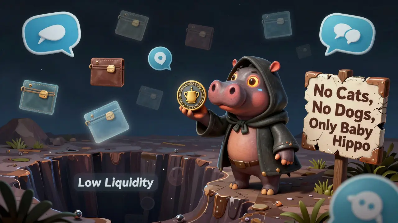 A lone trader holds a tiny BABYHIPPO token at the edge of a bottomless liquidity pit.
