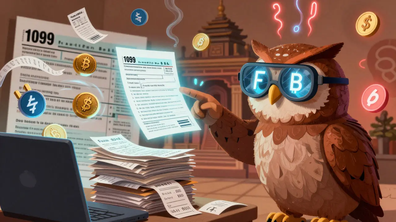 A nervous person guided by an owl spirit with blockchain goggles, facing a glowing Form 8949 amid swirling crypto trades.