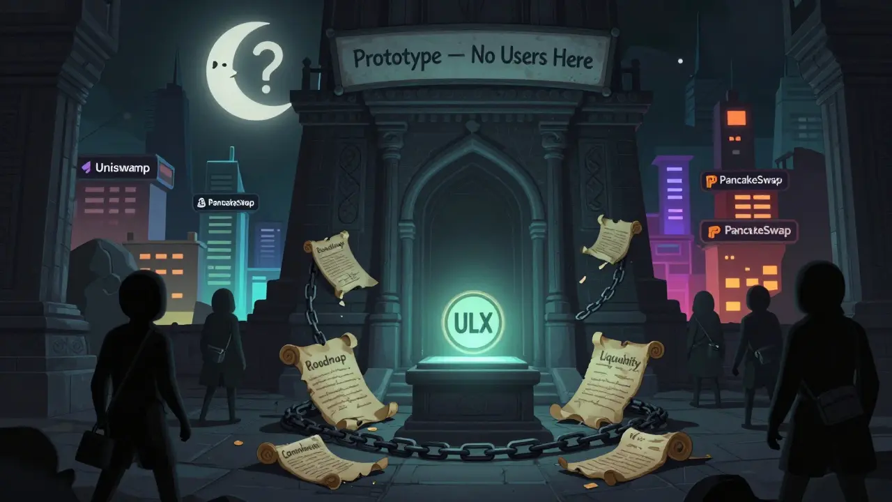 A silent temple with a glowing ULX token, ignored by shadowy figures heading to other crypto cities.