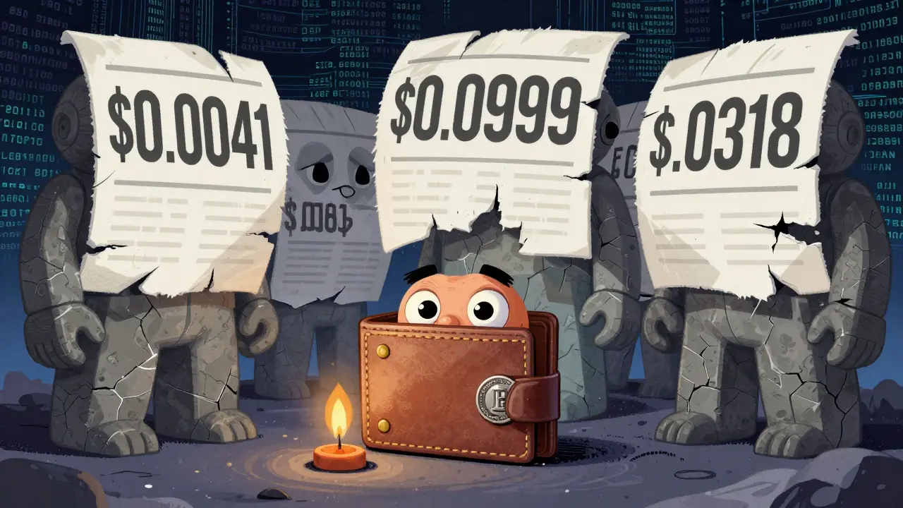 A small wallet holding a flickering LIQUID token beneath giant, conflicting price statues in surreal folk art.