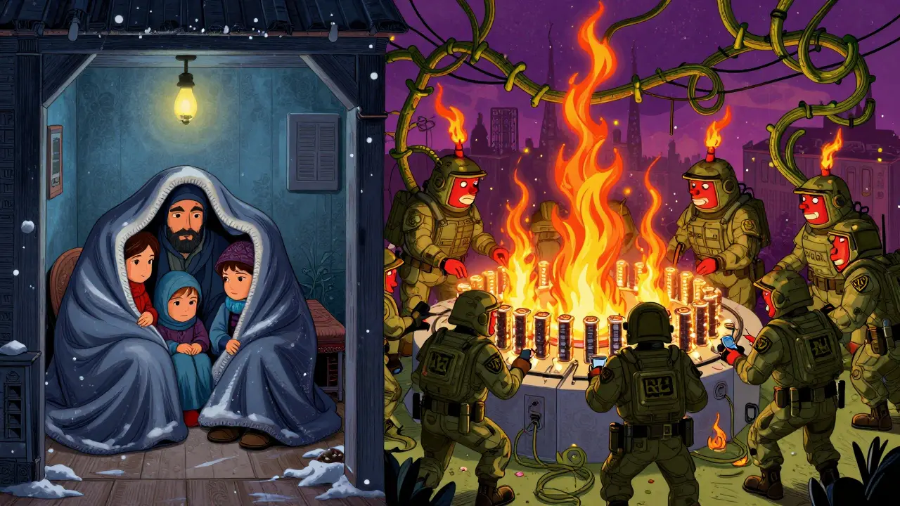 A split scene: a cold family at home vs. a hidden military mining farm glowing with energy, in Alebrije art.