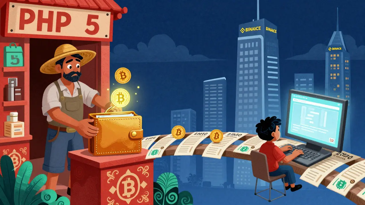 A split scene: a farmer turns cash into Bitcoin on one side, while a trader faces a frozen screen on the other, connected by a fragile token bridge.