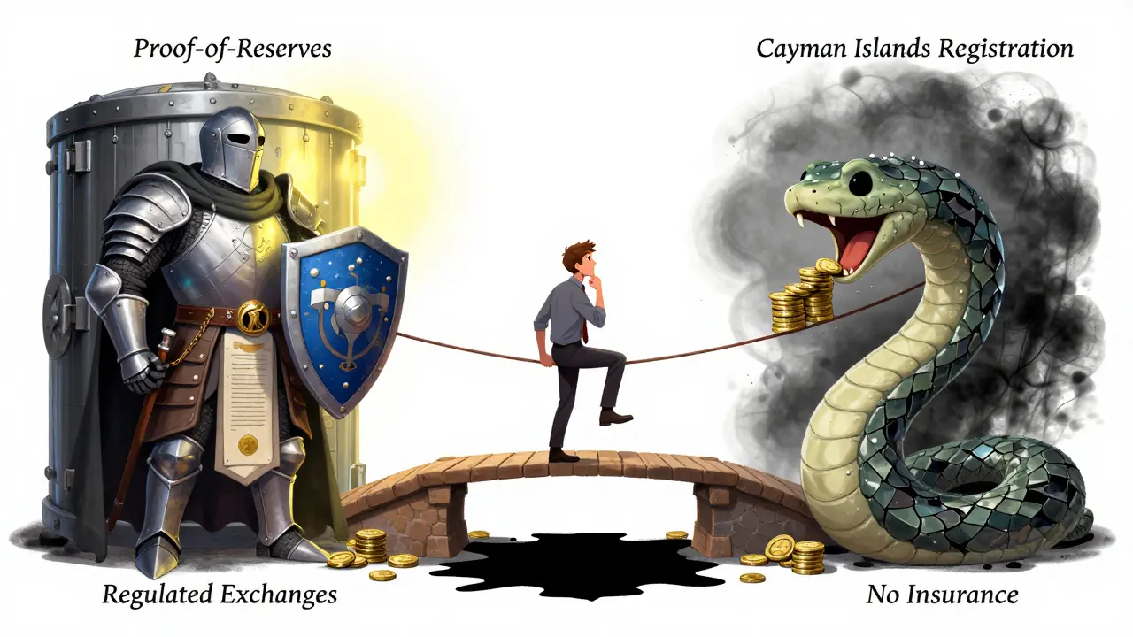 A split scene: a guardian with audit certificates vs. a shadowy serpent swallowing coins, with a trader on a risk tightrope.