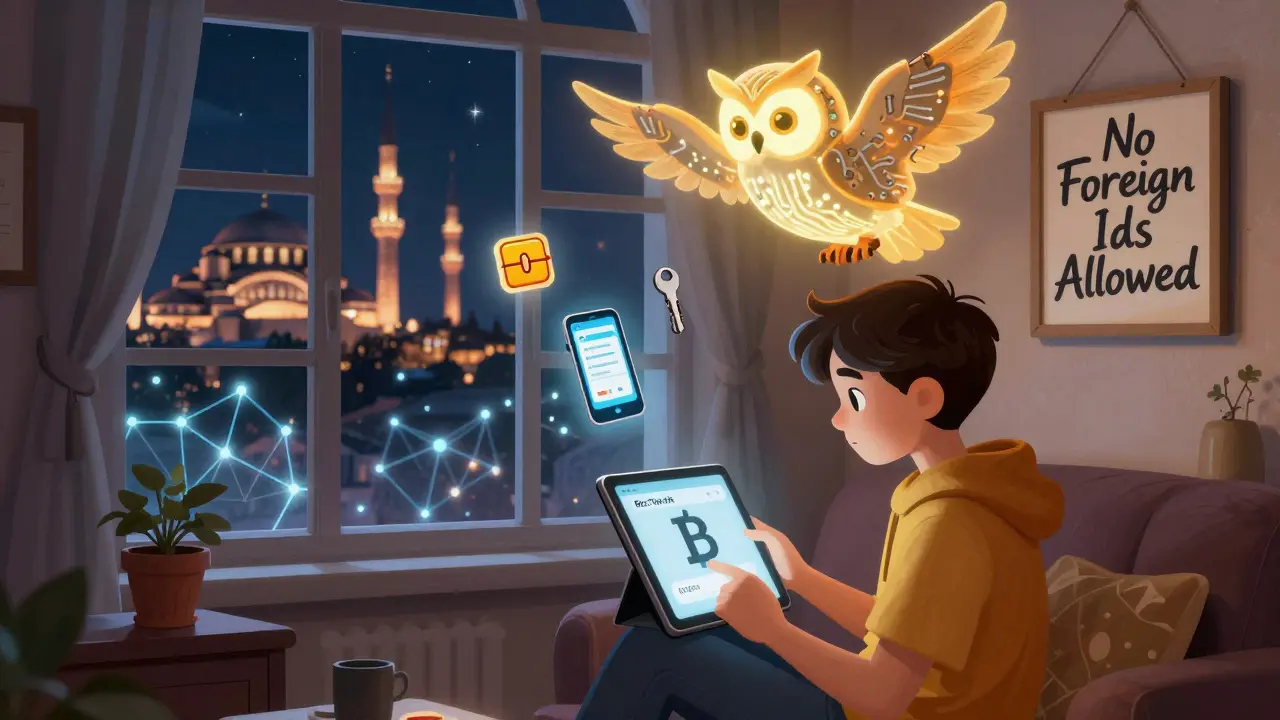 A student trading Bitcoin on BtcTurk in an Istanbul apartment, guarded by a circuit-feathered owl spirit, with cold wallet and app icons floating nearby.