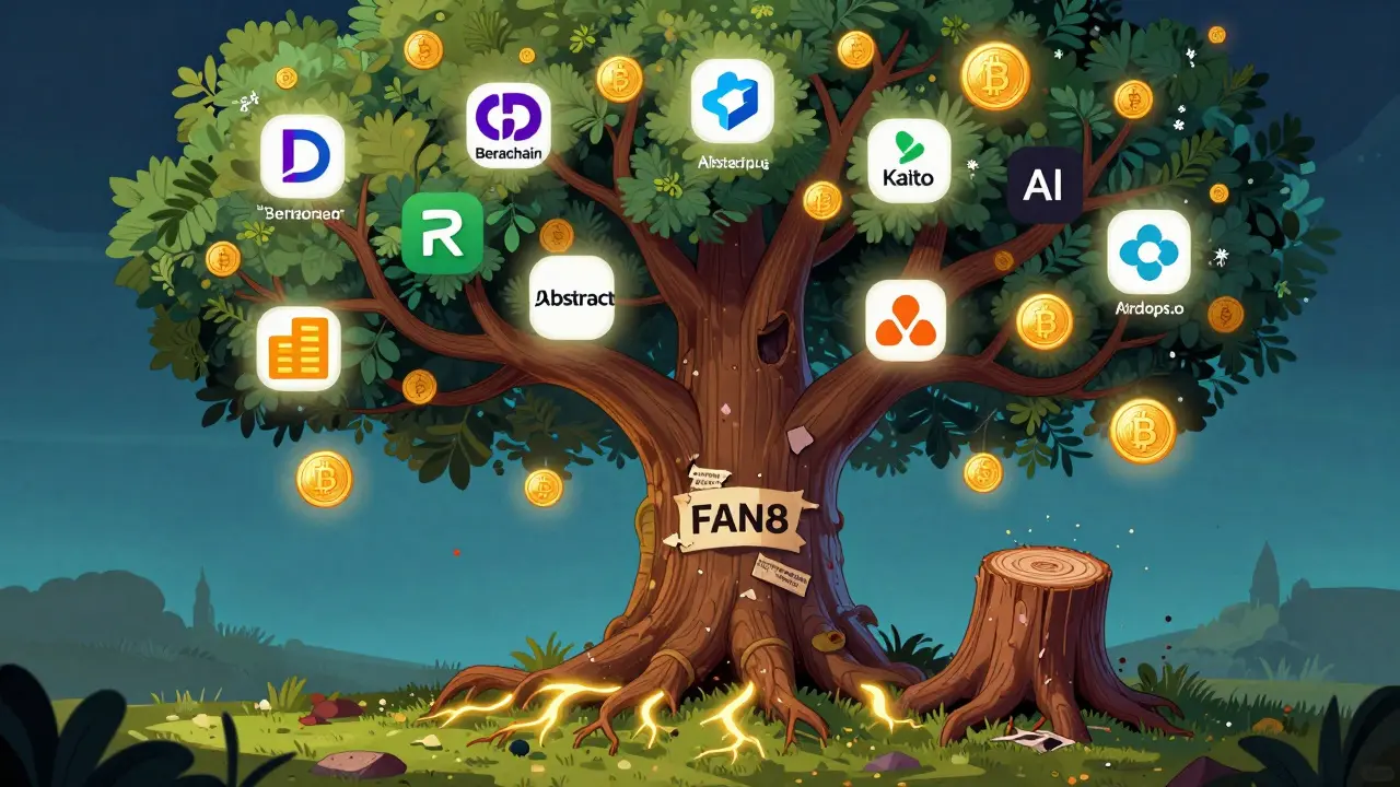 A thriving tree of real crypto projects next to a dead stump labeled FAN8, glowing with trusted platform roots.