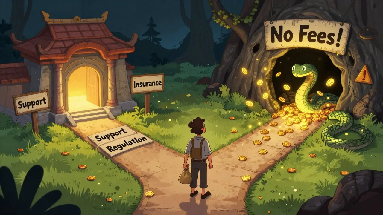 A trader at a crossroads, choosing between a safe temple and a glittering but dangerous cave labeled 'No Fees'.