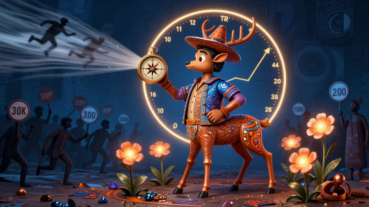 A trader-creature with a chart compass, surrounded by volatility-resistant stop-loss flowers and shadowy round-number figures.