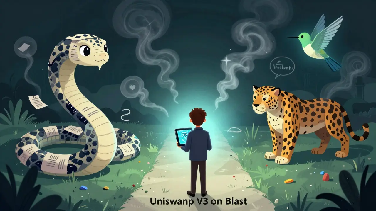 A trader faces a <h2>Alternatives That Actually Work</h2> volume screen, surrounded by fading spirit animals representing missing audits, silence, and frozen rewards.