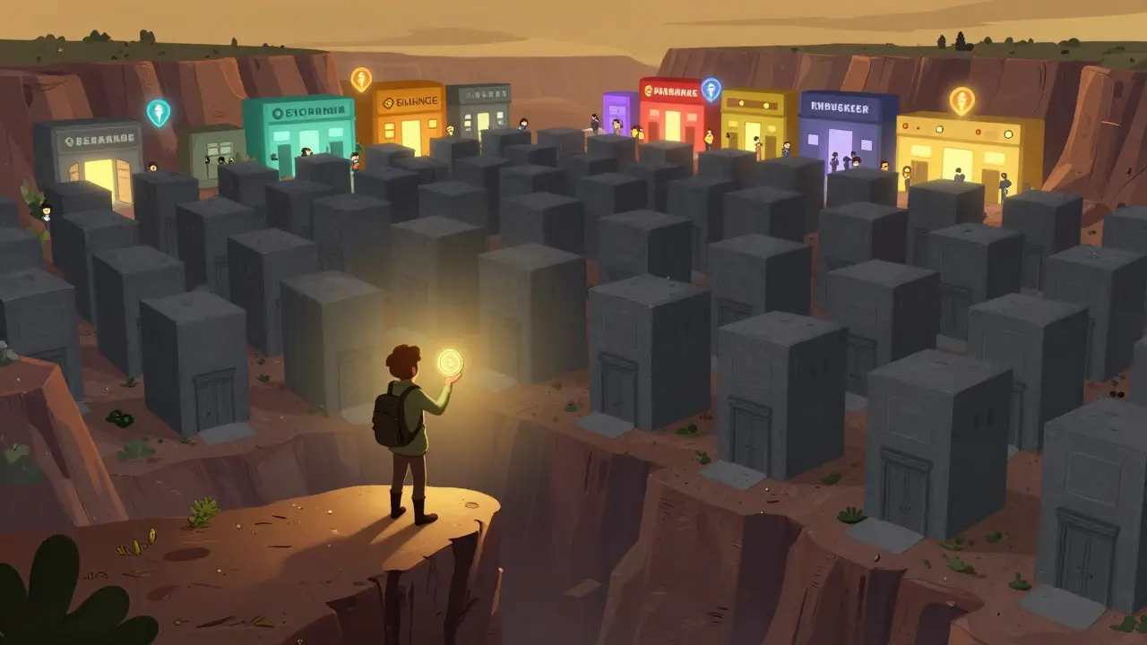 A traveler faces a canyon of silent exchange buildings while trusted exchanges glow warmly in the distance.