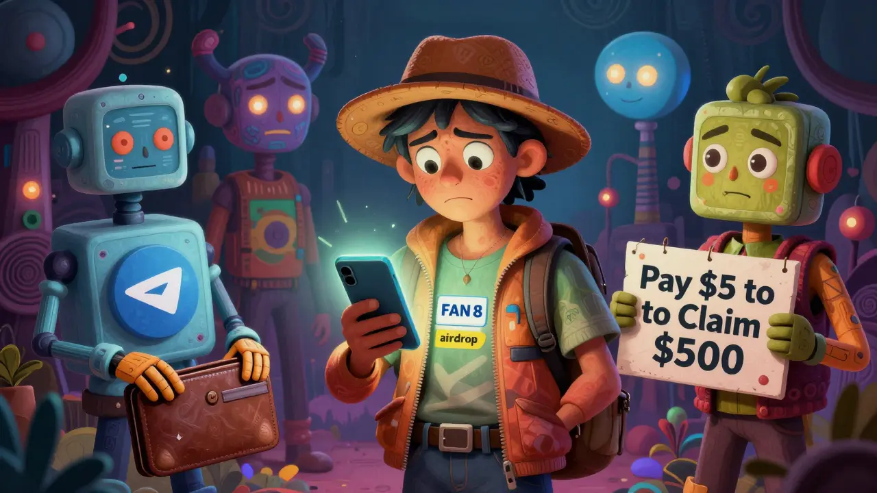 A traveler surrounded by scam creatures holding fake FAN8 links and stealing wallets in surreal alebrije style.