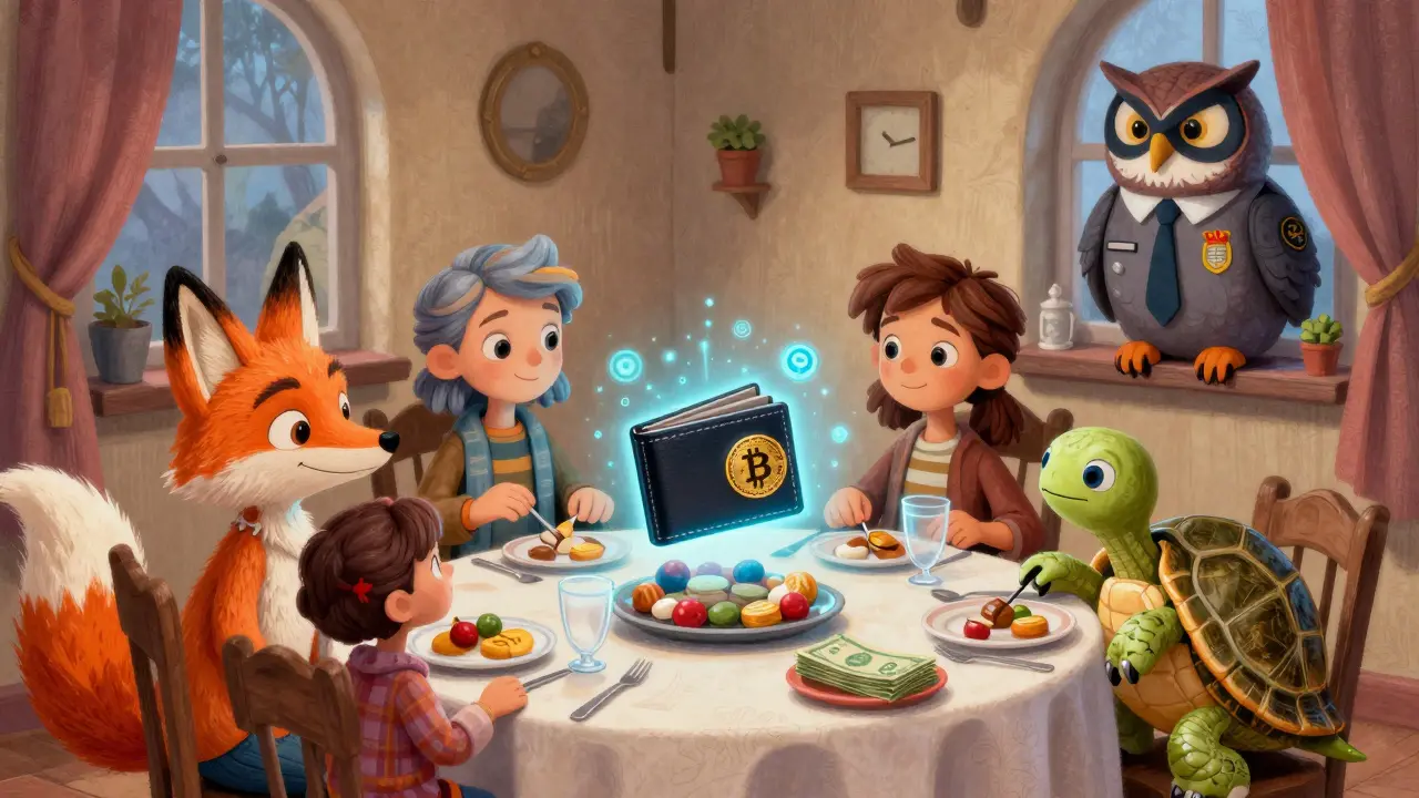 A Turkish family exchanges crypto for cash via P2P app, surrounded by whimsical crypto-themed spirit creatures and a regulatory owl.