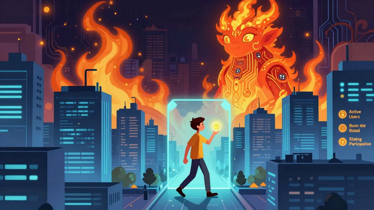 A user steps into a digital city powered by utility tokens, watched over by a guardian creature.