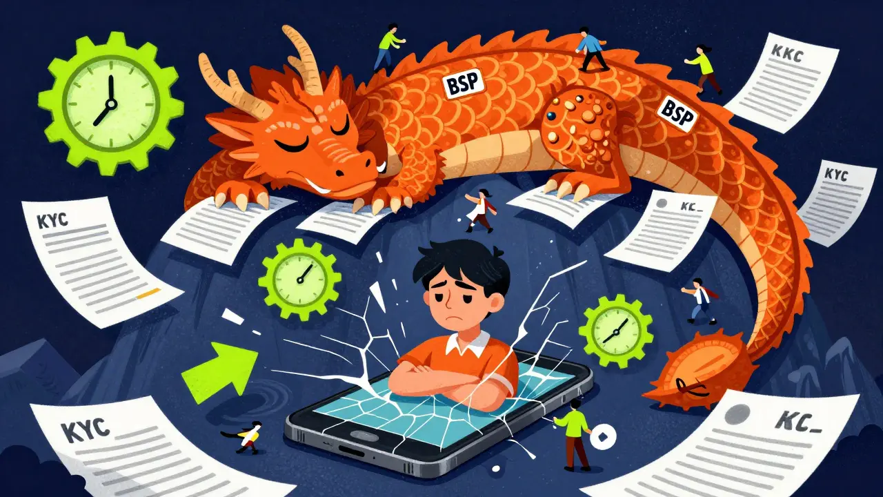 A user trapped in a cracked phone screen, surrounded by broken clocks, while a sleepy BSP dragon sleeps on piles of documents.