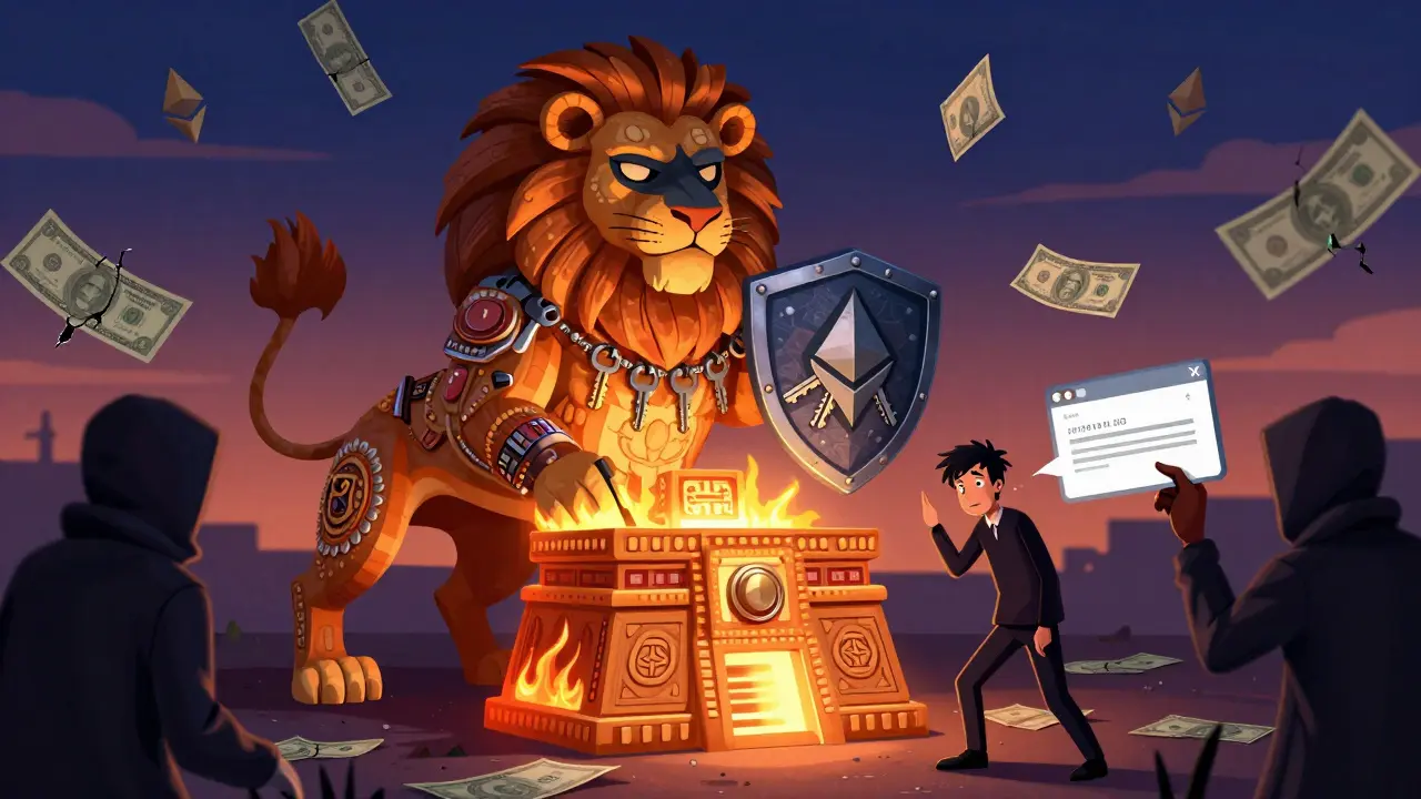 An alebrije lion guarding a hardware wallet while hackers try to steal a recovery phrase in a dark, glowing scene.