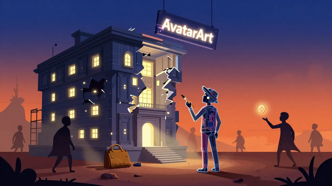 An artist stands before a crumbling digital museum, surrounded by people walking away from empty wallets.