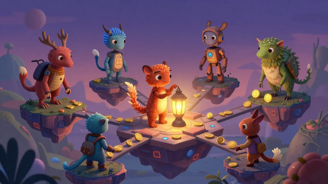 Mythical hybrid beings connect on a blockchain platform, staking tokens to power a glowing lantern.