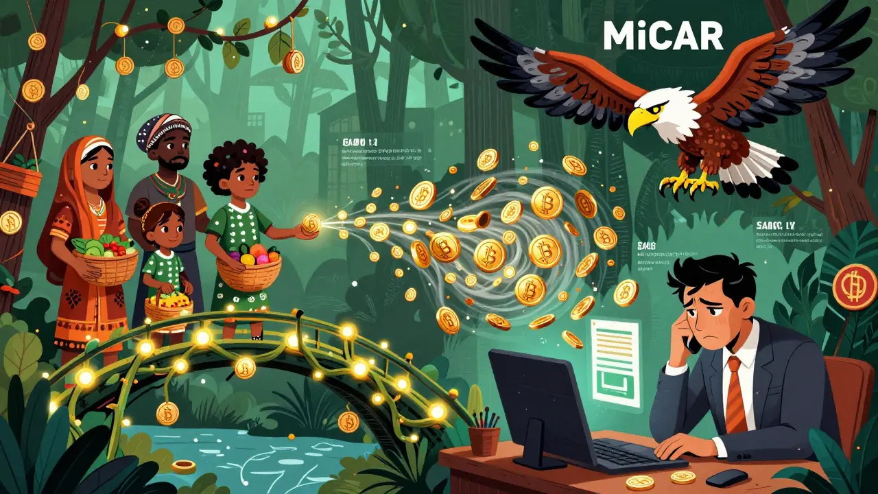 Split scene: family sending crypto to Nigeria on one side, investor losing money on the other, watched by a regulatory eagle.
